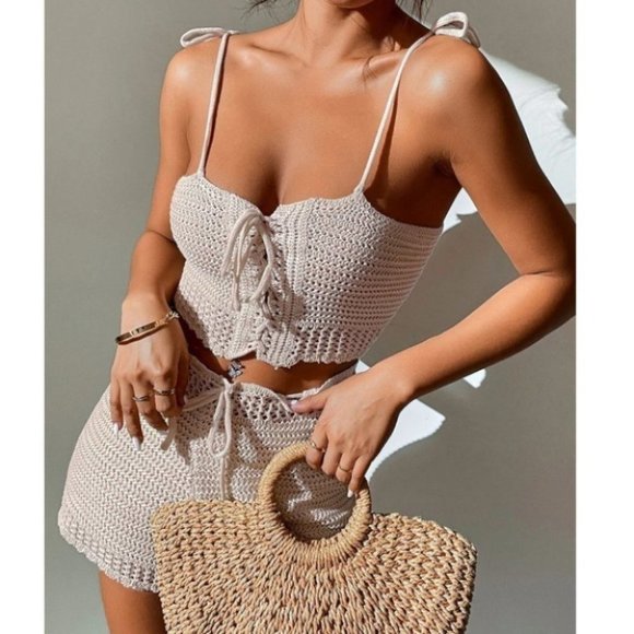 Lace Up detailed Cami Knit Crochet Top & Drawstring Waist shorts set - Picture 2 of 8